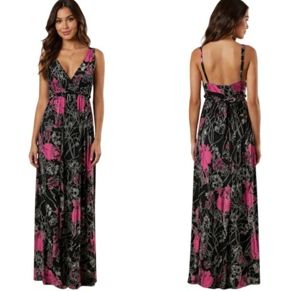 Ambrielle Y2K Pink Floral Maxi‎ Dress Empire Waist Open Back Tie Fairy Grunge M